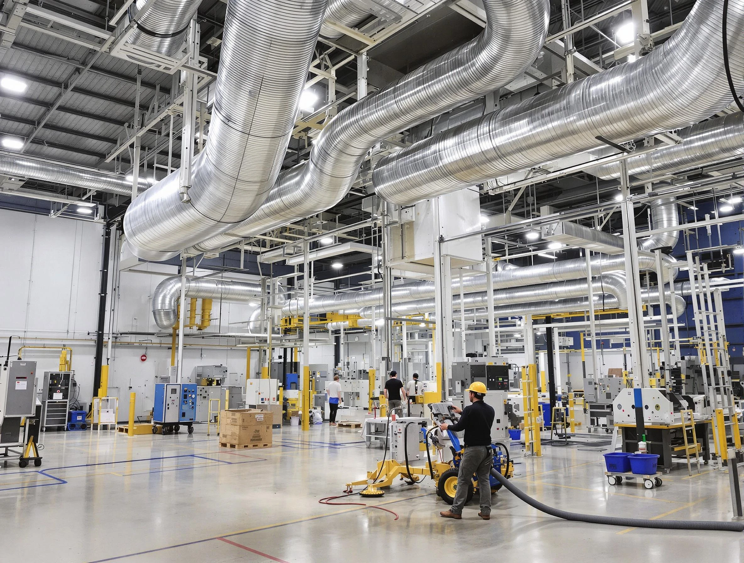 Columbiana Air Duct Cleaning team performing comprehensive industrial duct cleaning at a large facility in Columbiana