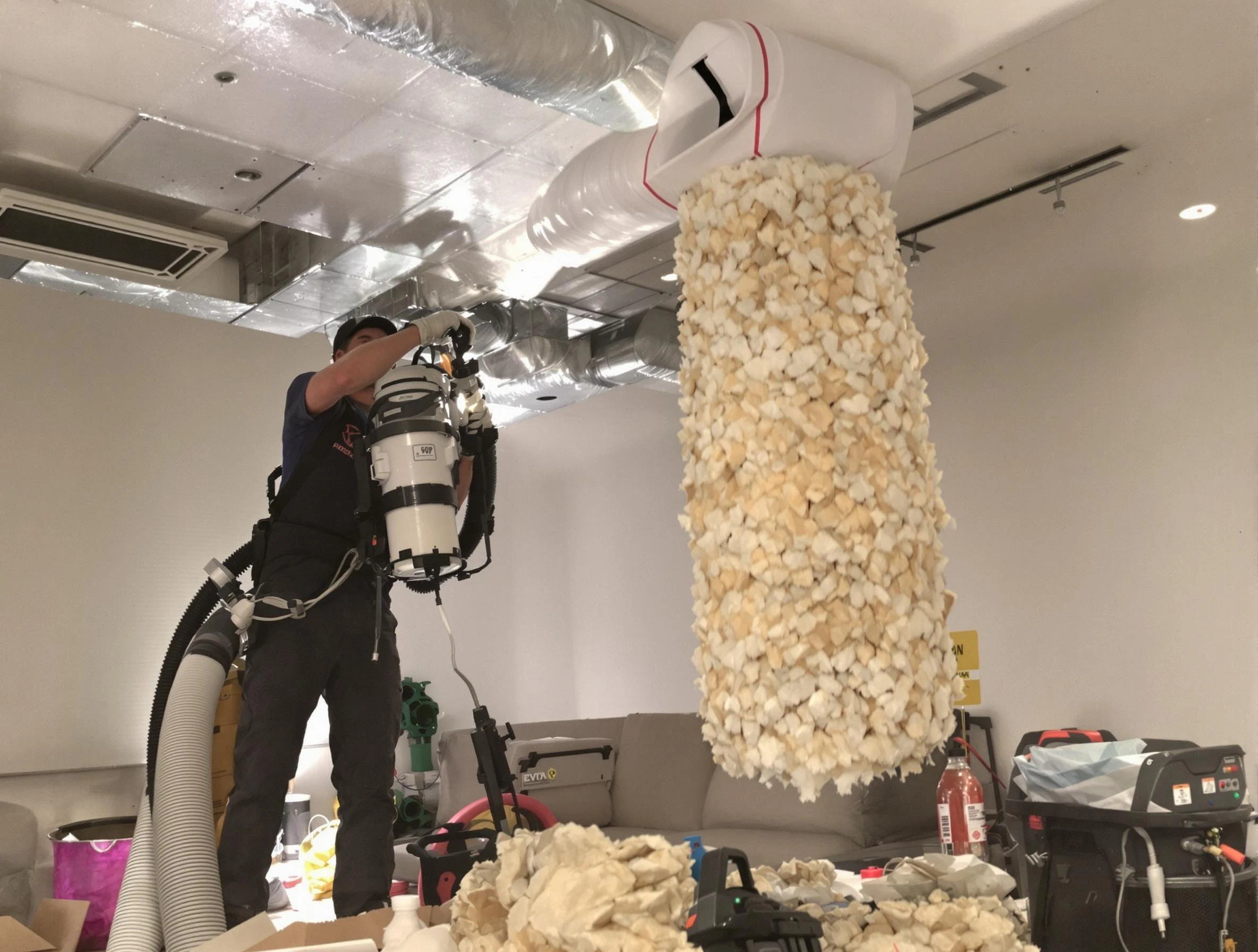 Columbiana Air Duct Cleaning technician performing precision vacuum insulation removal in a residential property in Columbiana